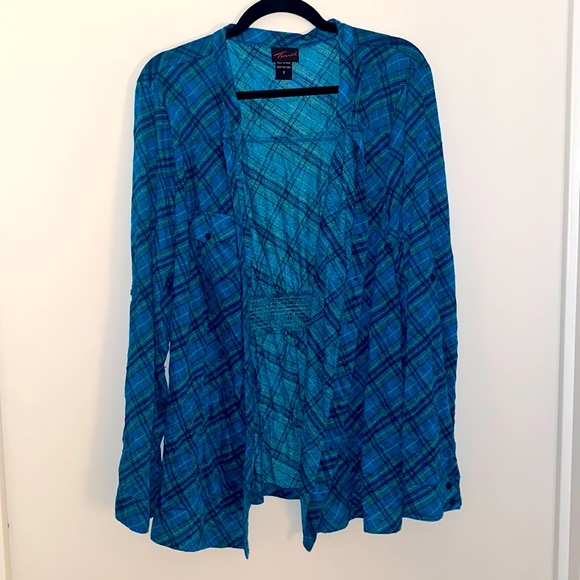 Torrid Turquoise Plaid Print Button Down Long Sleeve Top - Picture 4 of 8